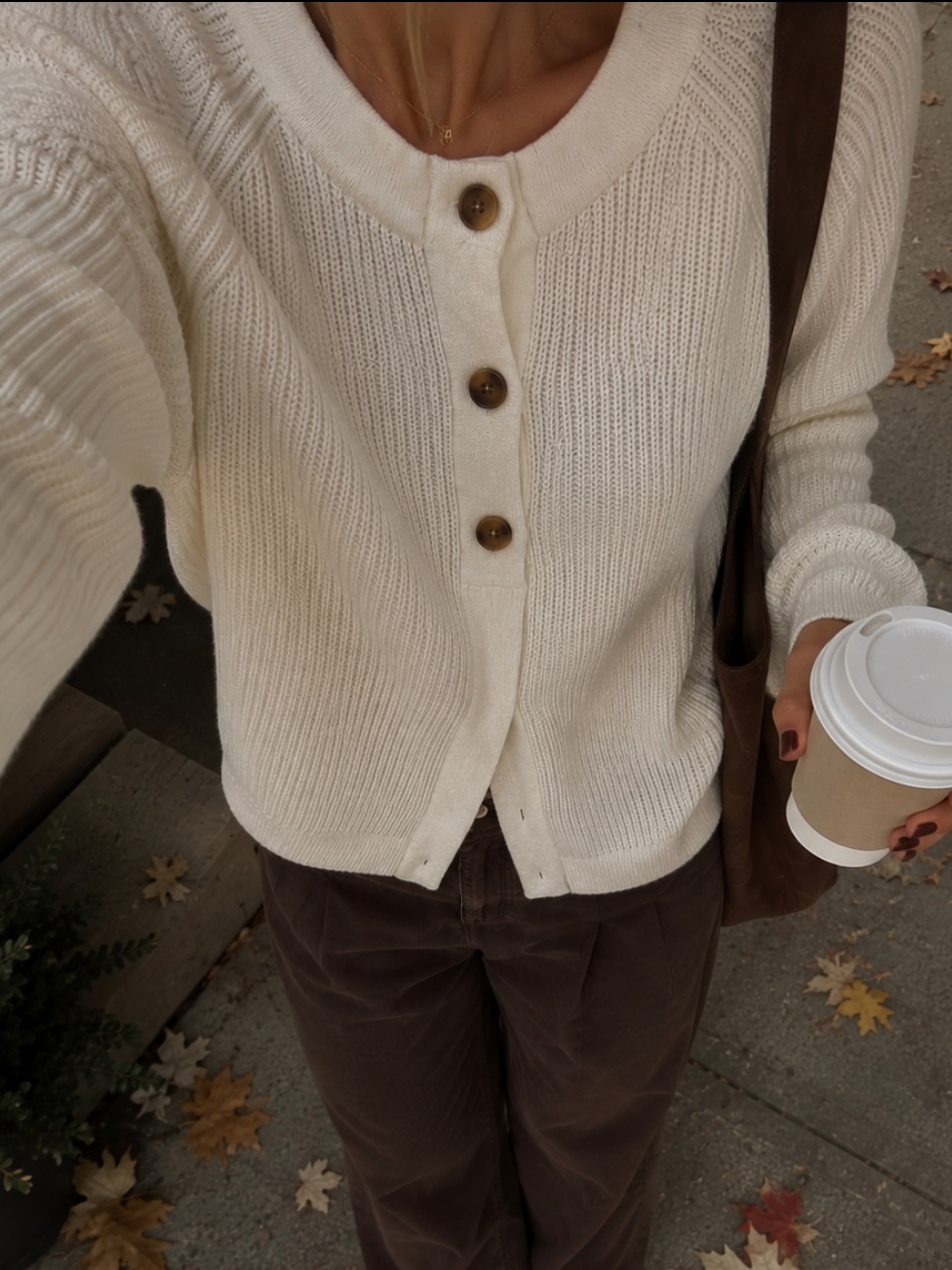 Vintage Lands' End Cream Rib-Knit Crewneck Cardigan Sweater Size L